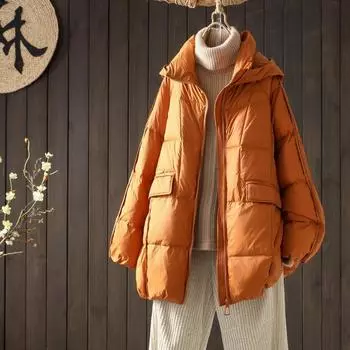Модная белая куртка на утином пуху для женщин 2024 года, зимняя новая повседневная универсальная свободная куртка с капюшоном, толстое пальто One Size коричневый