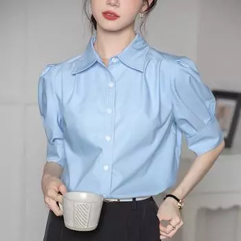Модная белая летняя блузка для женщин 2023, повседневные свободные женские рубашки с короткими рукавами на пуговицах, женская одежда, женские топы 27074 S синий