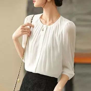 Модная белая шифоновая рубашка с круглым вырезом для женщин, офисная женская однотонная повседневная блузка, топы, летние элегантные женские рубашки с рукавом семь четвертей 26065 S белый