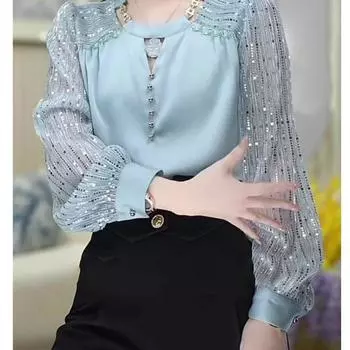 Модная блестящая рубашка с длинными рукавами во французском стиле для женщин с легкой роскошью L