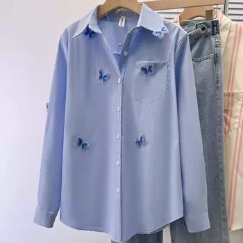 Модная блузка поло с вышивкой бабочки, женская весенне-осенняя универсальная рубашка с длинными рукавами во французском дизайне L синий