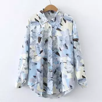 Модная блузка, рубашка, женская свободная блузка с принтом, рубашка с длинным рукавом, женская L синий