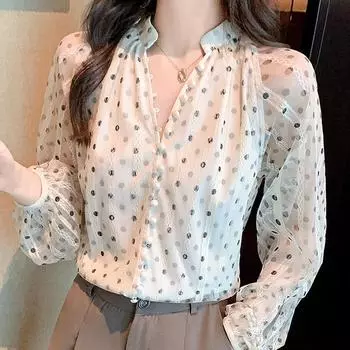 Модная блузка с длинным рукавом и v-образным вырезом в горошек, женские топы J220 S