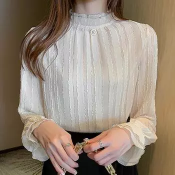 Модная блузка с длинным рукавом, рубашка, повседневная рубашка с воротником-стойкой, абрикосовая блузка для женщин J154 S