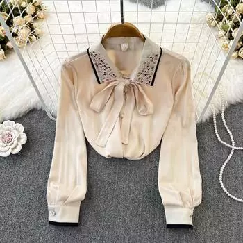 Модная блузка с лацканами, инкрустированная бриллиантами. Новая блузка с длинными рукавами и галстуком-бабочкой на весну и осень.