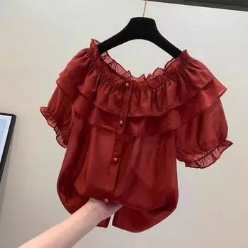 Модная блузка с оборками и строчкой, женская шифоновая праздничная рубашка с эластичным воротником, винтажный топ с короткими рукавами XXL белый