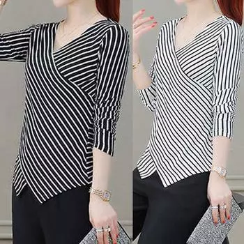 Модная блузка женская рубашка с длинными рукавами и полосатой рубашкой с v-образным вырезом L чёрный