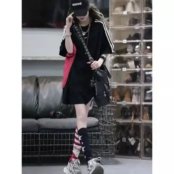 Модная большая летняя свободная футболка до бедра с коротким рукавом Black S