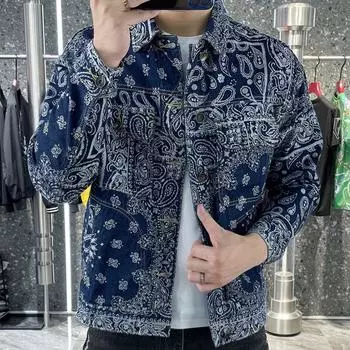 Модная брендовая джинсовая куртка с цветком кешью, мужская новая осенняя одежда, модная джинсовая куртка 4XL