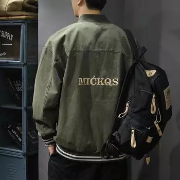 Модная брендовая хлопковая вышитая бейсбольная майка мужская свободная большого размера американская ретро-куртка-бомбер M хаки