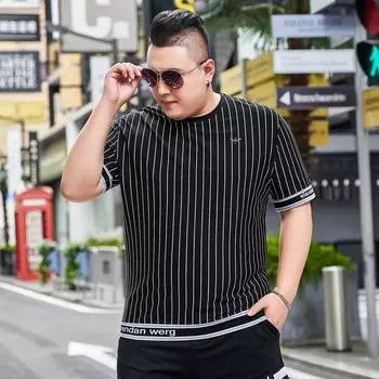 Модная брендовая мужская летняя футболка больших размеров с короткими рукавами и круглым вырезом в вертикальную полоску, повседневная футболка большого размера с толстяком 2XL чёрный
