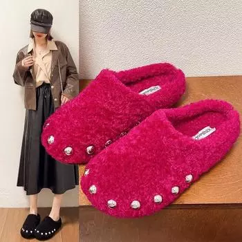 Модная брендовая обувь для женщин 2024 года, осень-зима, новый корейский стиль, модные женские плюшевые тапочки, удобные и теплые тапочки с закрытым носком 35 красный