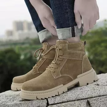 Модная брендовая повседневная обувь из натуральной кожи для мужчин в британском стиле, нескользящие, удобные ботильоны, теплые плюшевые туфли для путешествий и пустыни 37 хаки