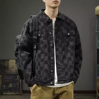 Модная брендовая ретро-шахматная джинсовая куртка мужская свободная большого размера американская инструментальная куртка высокого класса из денима M чёрный