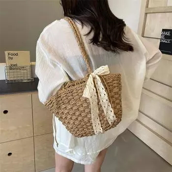 Модная брендовая соломенная сумка для женщин, летняя пляжная сумка ручной работы с бантом, сумка-корзина на плечо, большая вместимость, дорожные сумки