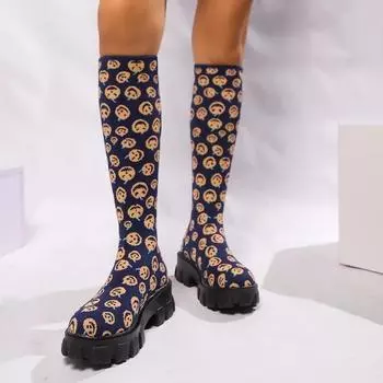 Модная брендовая женская обувь 2024 года, уличная мода, женские трикотажные эластичные сапоги, повседневные и универсальные высокие сапоги Botas De Mujer 36 синий