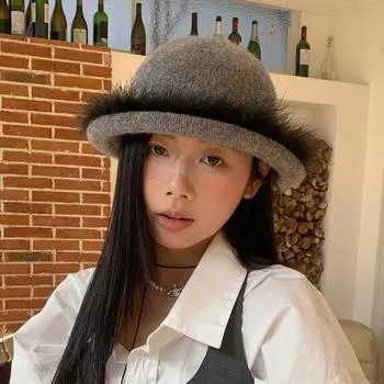 Модная британская джазовая шляпа с перьями, детская милая и крутая уличная ретро-шляпа с загнутым верхом, нишевый дизайн, вогнутая шляпа в стиле тазика Average size