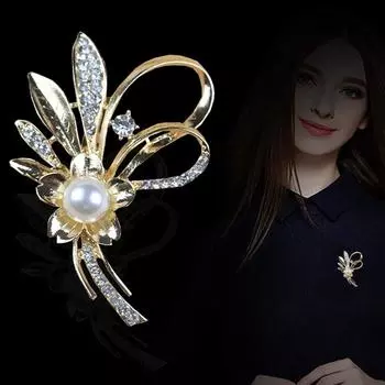 Модная брошь-жемчужина, креативная простота, инкрустированный бриллиантами цветок, корсаж, женская одежда, аксессуары, булавка серебряный