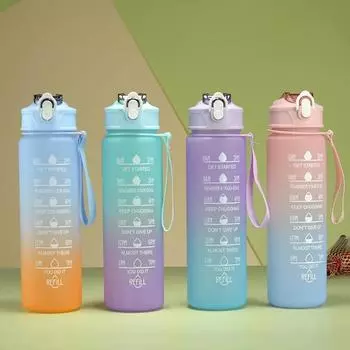 Модная бутылка для воды с маркером времени, термостойкая, радужная, матовая, прогрессивного цвета, пластик, не содержит бисфенол-А 750L зелёный