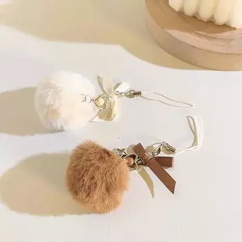 Модная цепочка для мобильного телефона с меховым шариком и бантом, милый и сладкий брелок с подвеской розовый