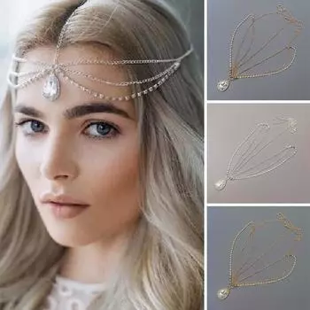 Модная цепочка на лоб в стиле бохо Красивые свадебные аксессуары Свадебный декор Головной убор Украшения для волос серый/золотой