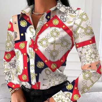 Модная цепочка с леопардовым принтом, женская офисная рубашка, элегантная блузка с отложным воротником, повседневная пуговица с длинным рукавом, новые осенние женские топы XXL