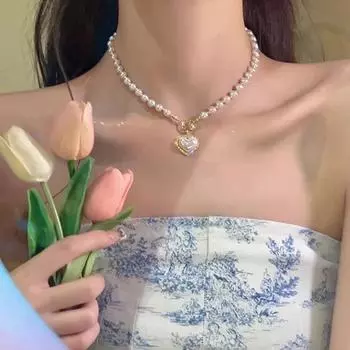 Модная цепочка с жемчугом на ключице, подвеска в форме сердца с пряжкой, ожерелье с жемчугом в форме сердца для девочек 1 Pcs