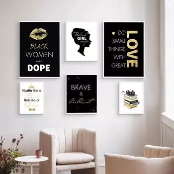 Модная черная девушка с цитатами, золотой постер для губ, роскошная книга, духи, декоративные картины, холст, настенные художественные фотографии, декор для спальни 21x30cm No Framed