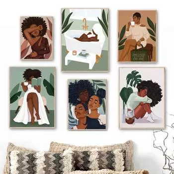 Модная черная девушка ванна кофе иллюстрация настенные художественные постеры и принты скандинавская картина на холсте фотографии для декора гостиной A4 21X30cm No Framed