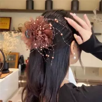 Модная черная сетчатая заколка для волос с цветком для женщин, заколка для хвоста в виде акулы, головной убор, темпераментный головной убор с цветком для волос кофейный