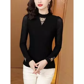 Модная черная женская футболка с длинными рукавами, базовая рубашка для женщин, осенний новый сетчатый топ с полувысоким воротом M