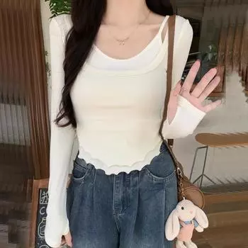 Модная цветная поддельная двухсекционная футболка нестандартной формы для женщин весна-осень с длинным рукавом повседневная однотонная тонкая футболка женская y2k топ S