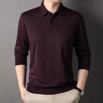 Модная деловая футболка с длинными рукавами и лацканами, мужская повседневная свободная рубашка-поло среднего возраста, однотонная одежда для пап на весну и осень M