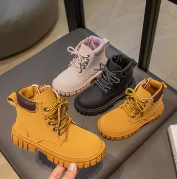 Модная детская британская обувь Модные кожаные удобные детские короткие ботинки осень-зима для мальчиков и девочек Повседневные нескользящие ботильоны 26 чёрный