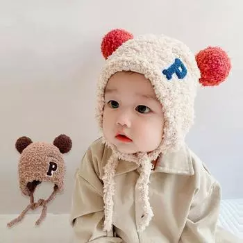 Модная детская кепка осень-зима с буквой P, береты, защитные ушки, шапки для мальчиков и девочек, детские шапки-бомберы унисекс 1 2 3 4 года бежевый