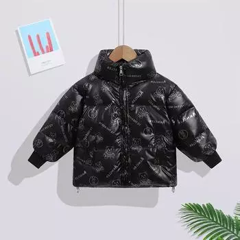 Модная детская куртка на белом утином пуху, зимнее глянцевое пальто для мальчиков и девочек 110 чёрный