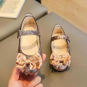 Модная детская обувь весна новая обувь для девочки туфли принцессы бант кожаная обувь универсальные одинарные туфли для девочек детские балетки 21insole13cm золотой