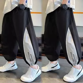 Модная детская одежда, брюки из ледяного шелка для мальчиков, новые детские весенние и осенние модели среднего и большого размера, спортивные брюки, брюки для мальчиков 120 чёрный
