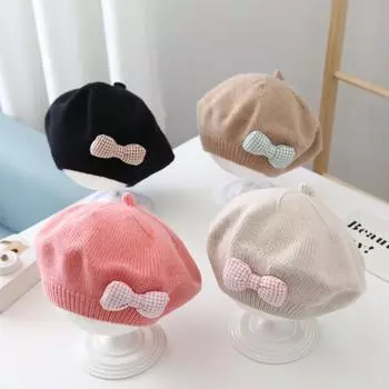 Модная детская шапка, однотонная, с цветочным узором, теплая, для девочек, берет, винтажная вязаная шапка-берет, детская, осень-зима, детская, художник, кепка хаки