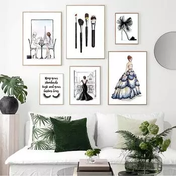 Модная девушка на высоких каблуках, помада, ресницы, настенная живопись на холсте, плакаты на скандинавскую тему и принты, настенные панно для декора гостиной 21x30cm No Framed
