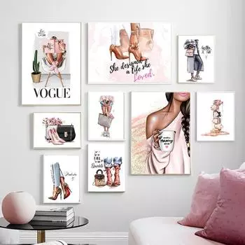 Модная девушка на высоких каблуках, скандинавские постеры и принты, художественная картина на холсте, сумочка, лак для ногтей, настенные панно для декора гостиной, без рамки 21*30cm