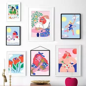 Модная девушка с кошкой, милые иллюстрации, настенная живопись на холсте, плакаты на скандинавскую тему и принты, настенные панно для декора гостиной, без рамки 21*30cm