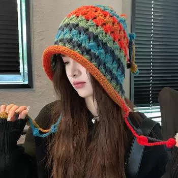 Модная дизайнерская вязаная крючком шапка из цветной шерсти для женщин, осенне-зимняя, защитная шапка-пуловер, вязаная шапка average size (56-60cm)