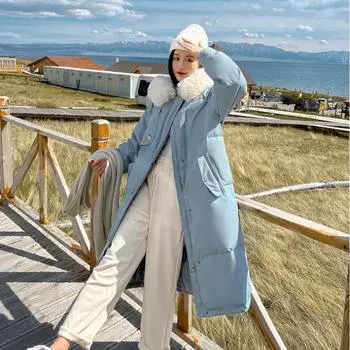 Модная длинная куртка-пуховик для женщин 2022 Зима Новые повседневные свободные пальто Корейская уличная одежда с длинными рукавами Меховая куртка с капюшоном Дизайн M чёрный