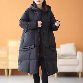 Модная длинная куртка-пуховик женская зимняя одежда 2024 года в иностранном стиле, теплое зимнее пальто с капюшоном из белого утиного пуха M чёрный