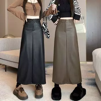 Модная длинная юбка цвета хаки для женщин на осень и зиму, винтажная завышенная талия, облегающая посадка в стиле ретро, повседневная юбка с разрезом S чёрный