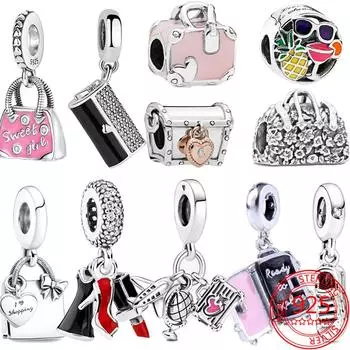 Модная дорожная сумка из розового эмалевого серебра 925 пробы, сумка для покупок, бисерный шарм, подходит для модного браслета в виде змеи, изготовление ювелирных изделий из бисера