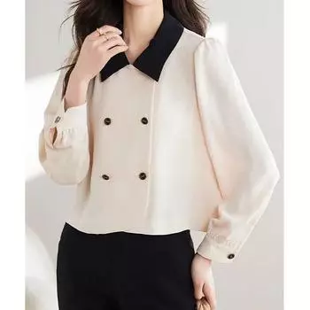Модная двубортная шифоновая блузка, женские французские рубашки с длинным рукавом, элегантная женская одежда, офисный женский топ 29462 S абрикосовый