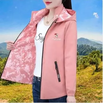 Модная двусторонняя куртка, женская весенне-осенняя свободная повседневная куртка с капюшоном и принтом, съемная шапка M фиолетовый