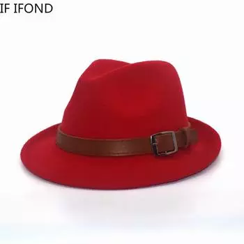 Модная джентльменская элегантная мужская шерстяная джазовая шляпа-федора с поясом, винтажная церковная шляпа для женщин, кепка-котелок 56-58 см 56-58cm